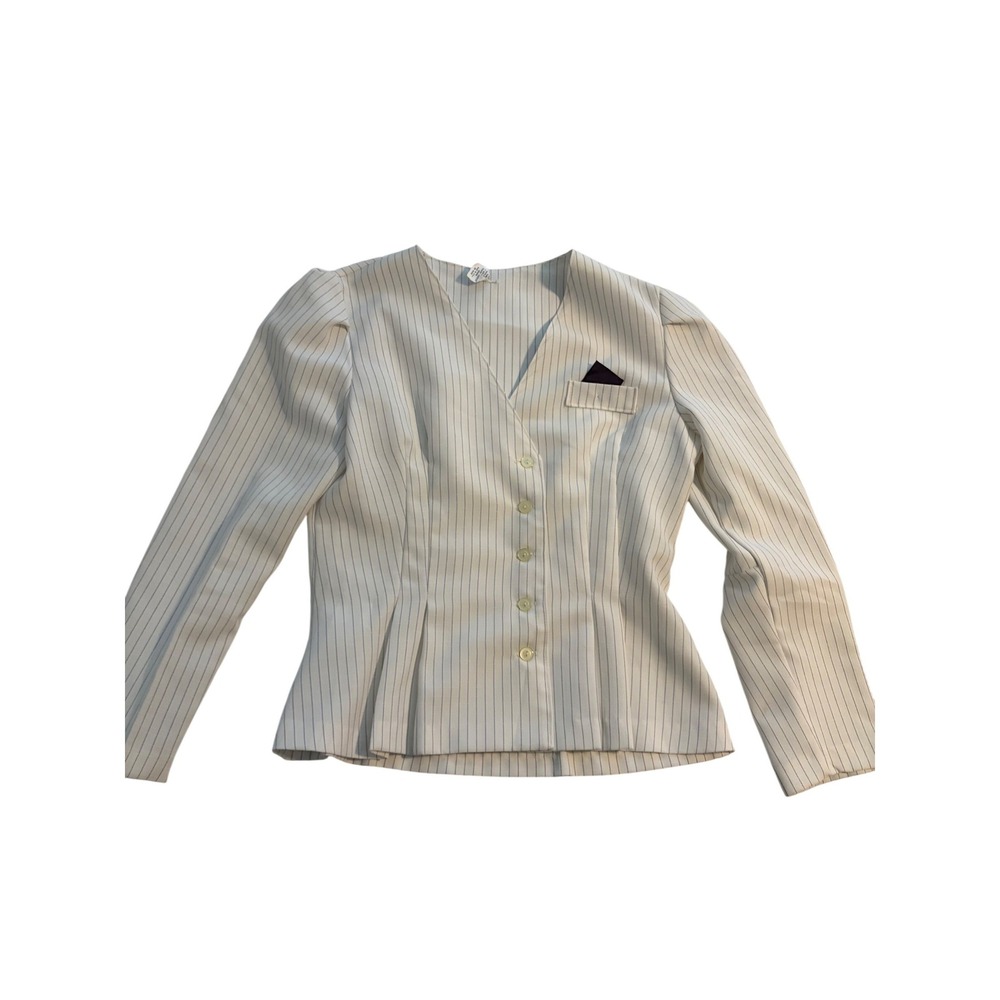 Vintage 80s Pinstripe Blazer‎ Top White Navy Puff Shoulder Peplum Small NWOT